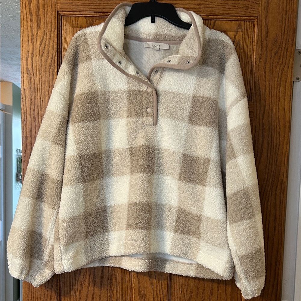 LOFT Cream and Brown Plaid Fleece Sweater